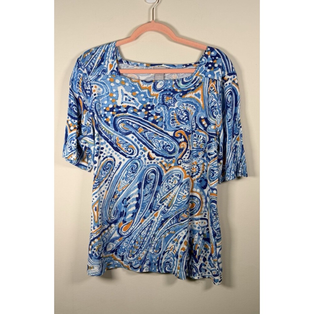 Chico's Blue/White/Orange Paisley 100% Pima Cotton Scoop Neck Top - XL